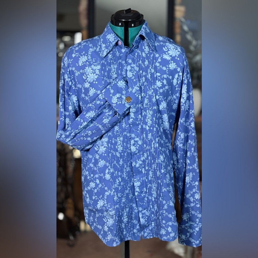 Frankie Morello Blue Floral Button Down Collared Dress Shirt w/ Cufflinks Sz XL